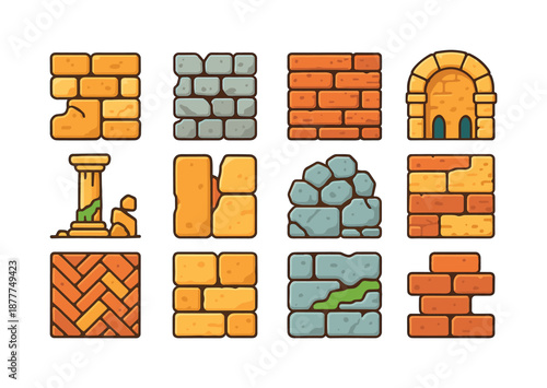 Colorful Masonry Icons. Old masonry. Colorful flat vector icons set of old masonry: aged wall blocks, medieval stone, weathered brick pattern, arched