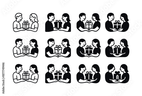 Gift Exchange Icons. happy couple exchanging thoughtful gifts. Icon set. Set Logo of happy couple exchanging thoughtful gifts: gift exchange hands. harmonious