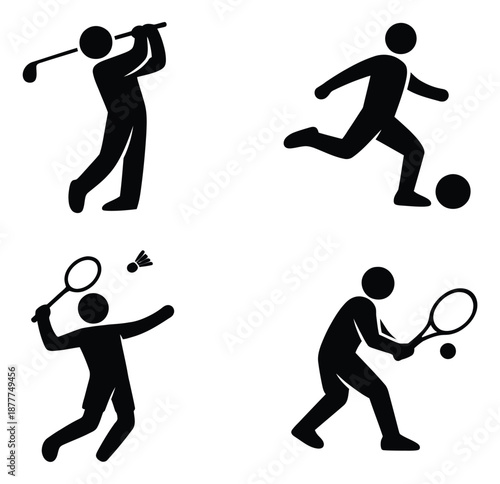 Pictogram sport icon set featuring golf, soccer, badminton, and tennis players for design projects and infographics