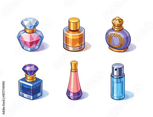 Isometric Perfume Collection. Luxury Perfume. Isometric flat vector icons set of Luxury Perfume: faceted glass bottle, gold cap bottle, engraved perfume