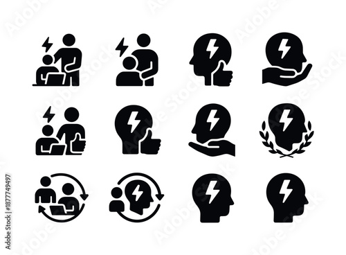 Workplace Stress Management Icons. Handling workplace stress and managerial support. Icon set. Set Logo of Handling workplace stress and managerial support: