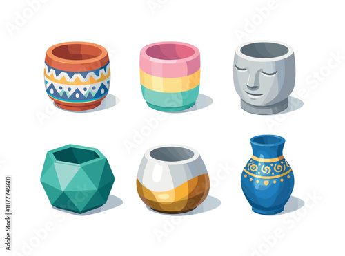 Colorful Planters Grid. Decorative planters. Isometric flat vector icons set of Decorative planters: patterned ceramic pot, pastel color planter, face-shaped