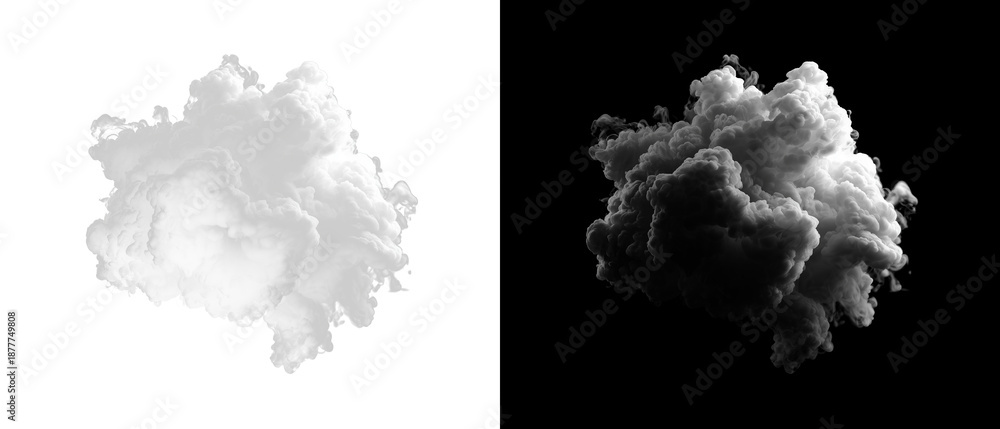 Fototapeta premium Split illustration with transparent PNG and black background showing one lush gray smoke cloud.