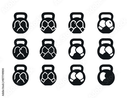 Boxing Fitness Icons. Boxing fitness workouts. Icon set. Set Logo of boxing fitness workouts: kettlebell for conditioning. harmonious logo variations of the