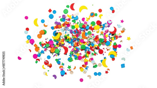 Dense scatter of multi-colored paper confetti shapes, cut-out with PNG with alpha channel.