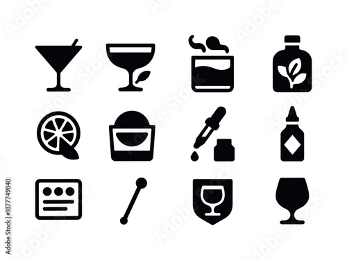 Signature Drink Icons. Signature drinks. Solid icon set of signature drinks: house cocktail, crafted coupe, smoked glass, infused spirit bottle, signature