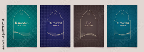 Ramadan Kareem set of windows, mosque doors, frames. Abstract templates of backgrounds. Arabic arches, patterns. Modern minimal line art design. Vector illustration.