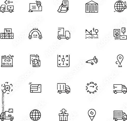 Collection of shipping and delivery icons representing logistics and transportation solutions for businesses worldwide ensuring efficient package 
