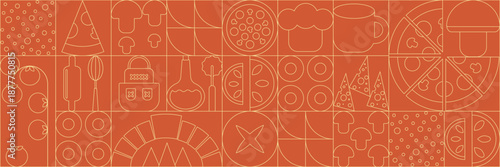 Pizza mosaic seamless pattern, flat line design, pizza ingredients and slices, abstract geometric design of Italian pizzeria