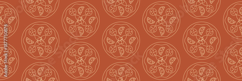 Pizza mosaic seamless pattern, flat line design, pizza ingredients and slices, abstract geometric design of Italian pizzeria