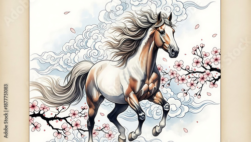 Stunning watercolor horse running powerfully amidst pink cherry