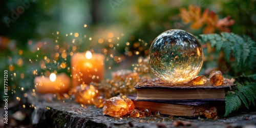 Magical Crystal Ball on Stacked Books in Nature