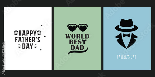 Stylish Father's Day vector poster collection featuring minimalist gentleman silhouette, heart sunglasses, and "World Best Dad" typography.
