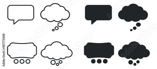 Modern graphic speech and thought bubble set featuring outlined and solid chat and thought boxes for social media and user interface design