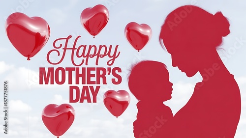 Refined iridescent sculpture of a mother and child embracing on Mothers Day with gleaming heart balloons