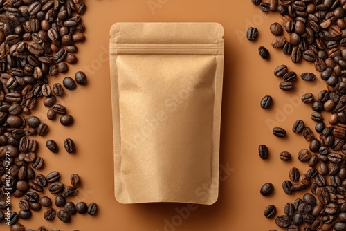 Brown Kraft Coffee Bag Surrounded by Coffee Beans