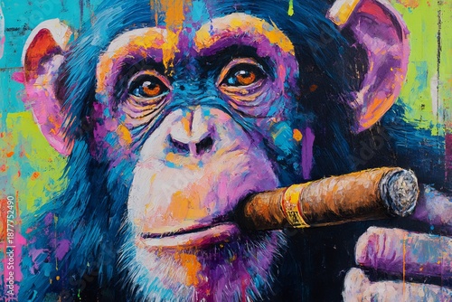 A chimpanzee is portrayed with bright colors while holding a cigar, showcasing urban street art in a city setting during the day