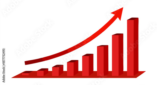 Red business bar chart featuring a sharp upward curving arrow, symbolizing exponential growth, rapid financial success, and market acceleration. Professional vector 3D illustration.