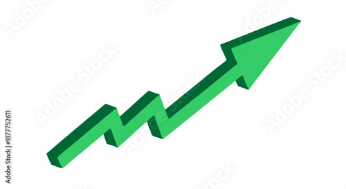 Green 3D isometric arrow pointing upward with a zigzag path, symbolizing market recovery, financial growth, and business progress. Modern vector icon isolated on white background.