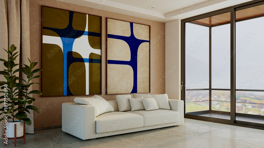 Naklejka premium Large luxury modern bright interiors Living room mockup illustration 3D rendering image