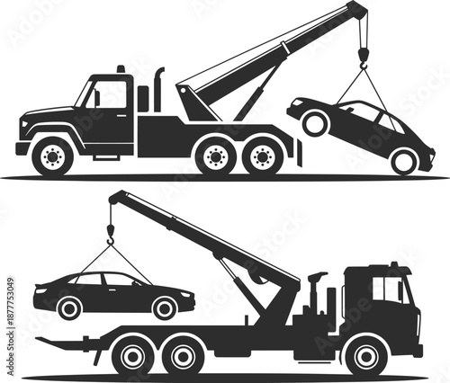 Tow Truck Lifting Car Silhouette Vector Illustration.