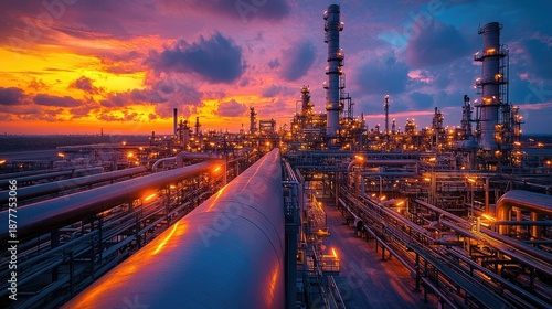 Industrial landscape at sunset showcasing pipes and refinery structures.