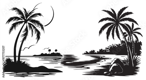 Serene tropical beach landscape illustration in black and white. Featuring palm trees, a calm ocean, and a distant island. Classic vector silhouette for travel and summer themes.