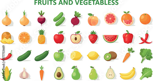 Fruits and vegetables icons vector set with colorful fresh produce including apples, citrus, berries and greens for healthy food and nutrition design isolated on white background