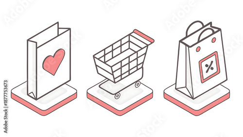 Vector illustration of a shopping cart, a building, and a shopping bag for retail and online shopping