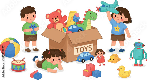 Happy children playing with toys vector illustration showing kids enjoying games, dolls, blocks and robots in a playful cartoon style isolated on white background