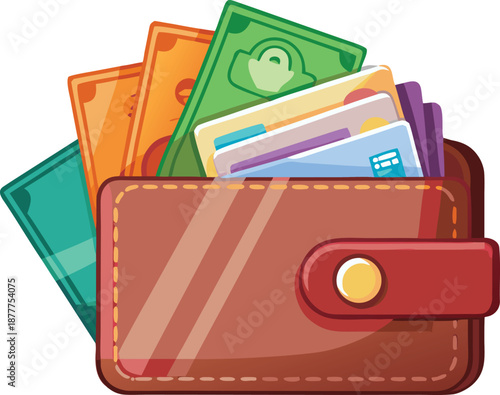 Illustrated wallet with cash and credit cards, Wealth, payment, and personal finance