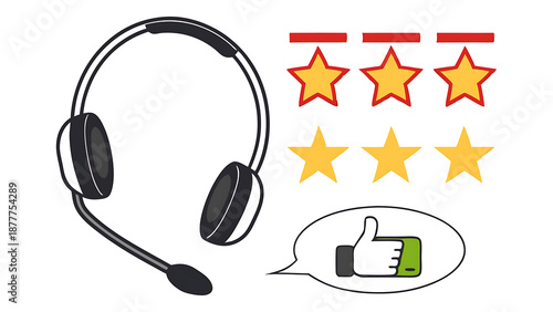 Customer service headset with three star rating and thumbs up feedback icon