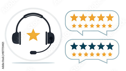 Customer service rating and feedback concept with headset icon and star reviews