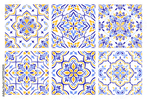 Mediterranean ceramic tile set. Blue yellow seamless patterns without background. Spanish, Sicilian, Portuguese, Italian traditional ornaments. Floral ethnic motifs, mosaic design. Vector