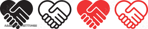 Abstract red and black handshake heart silhouette icons set symbolizing trust, love, unity.