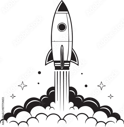 Rocket Liftoff Silhouette – Bold Vector of Vertical Launch with Flames & Stars for Editorial & STEM Design