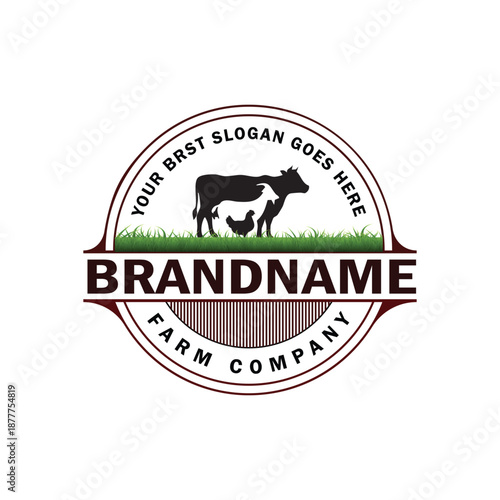 Livestock farm logo template with cow, goat, and chicken silhouettes on green grass.