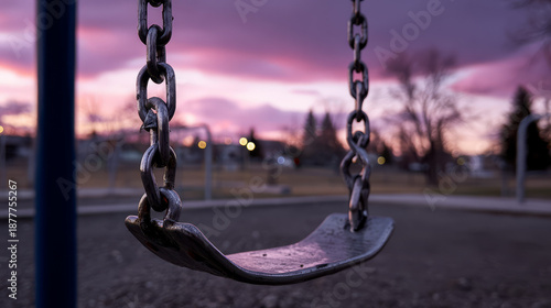  Broken Playground Swing at Dusk: Symbol of Neglect and Lost Fun