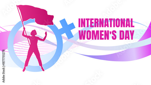 International women's day banner with woman holding flag and venus symbol, vector illustration