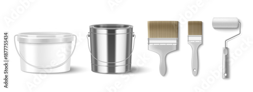 Paint bucket mockup set with realistic metal can, white plastic container, roller and brushes. 3D painting tools - steel tin with lid, wall roller and paintbrushes for home improvement and repair.