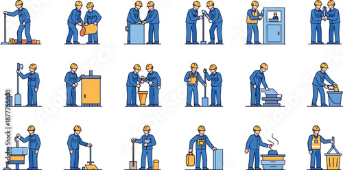 Industrial workers performing factory tasks vector set with construction, manufacturing and warehouse labor activities in flat cartoon illustration style isolated on white background