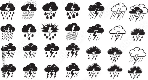Thunderstorm weather icons in black and white. Cloud, rain and lightning strike vector symbols set eps