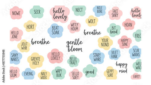 Whimsical Word Clouds: An assortment of pastel-colored clouds adorned with uplifting words, expressions and encouraging phrases to inspire positivity and cheerfulness.