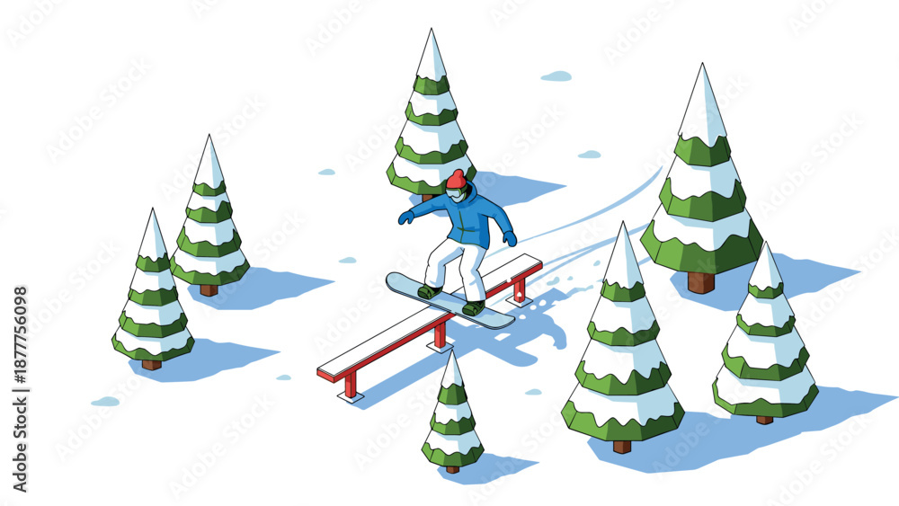Obraz premium Snowboarder in winter wonderland with evergreen trees and snowy mountains