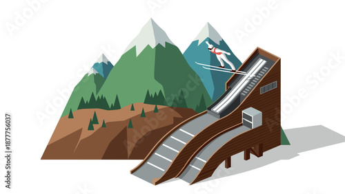 Isometric ski jumper on ramp with mountain background