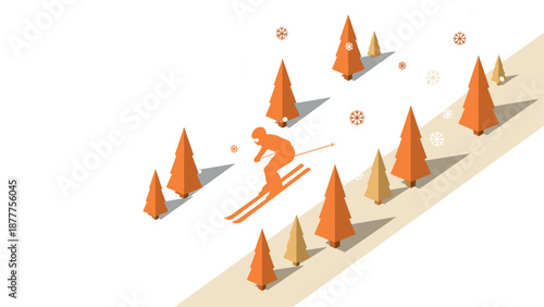 Isometric winter scene with skier and snowy trees on a mountain slope