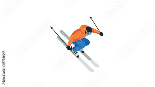 Isometric skier in action: winter sports adventure with orange jacket and blue pants
