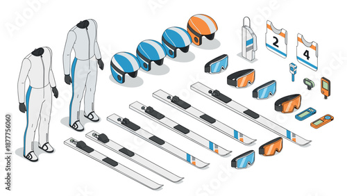 Isometric winter sports gear set with ski equipment, helmets, and avalanche safety devices