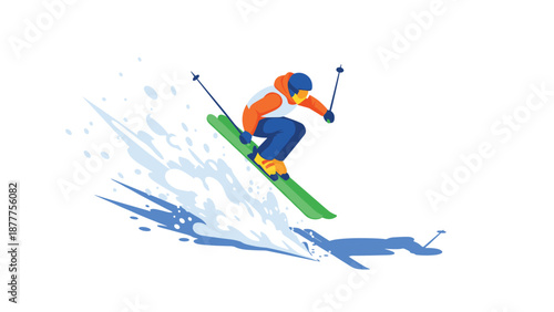 Dynamic winter sports adventure: colorful skier in action on snowy slope