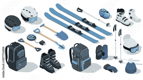 Winter sports gear essentials in modern isometric design